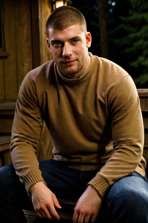 <lora:Stanislav_Yanevski:0.8> man sitting on the porch of a cabin in the woods, wearing a knitted sweater and jeans, brown...